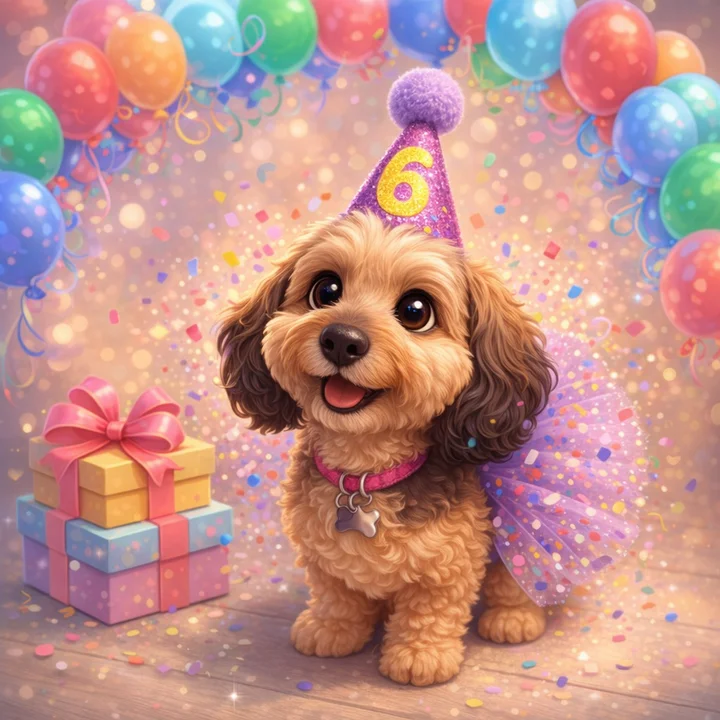 Cartoon dog with birthday themed caption
