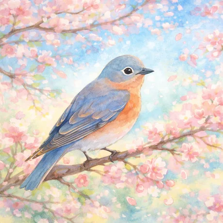Watercolor bluebird on cherry blossoms
