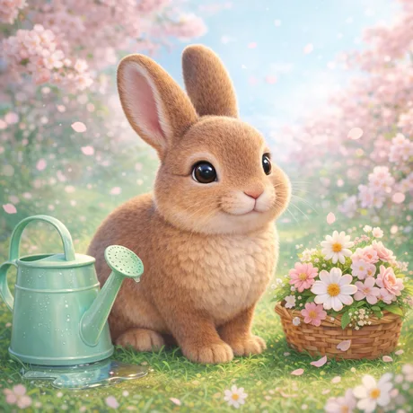 Cartoon rabbit in a flower garden
